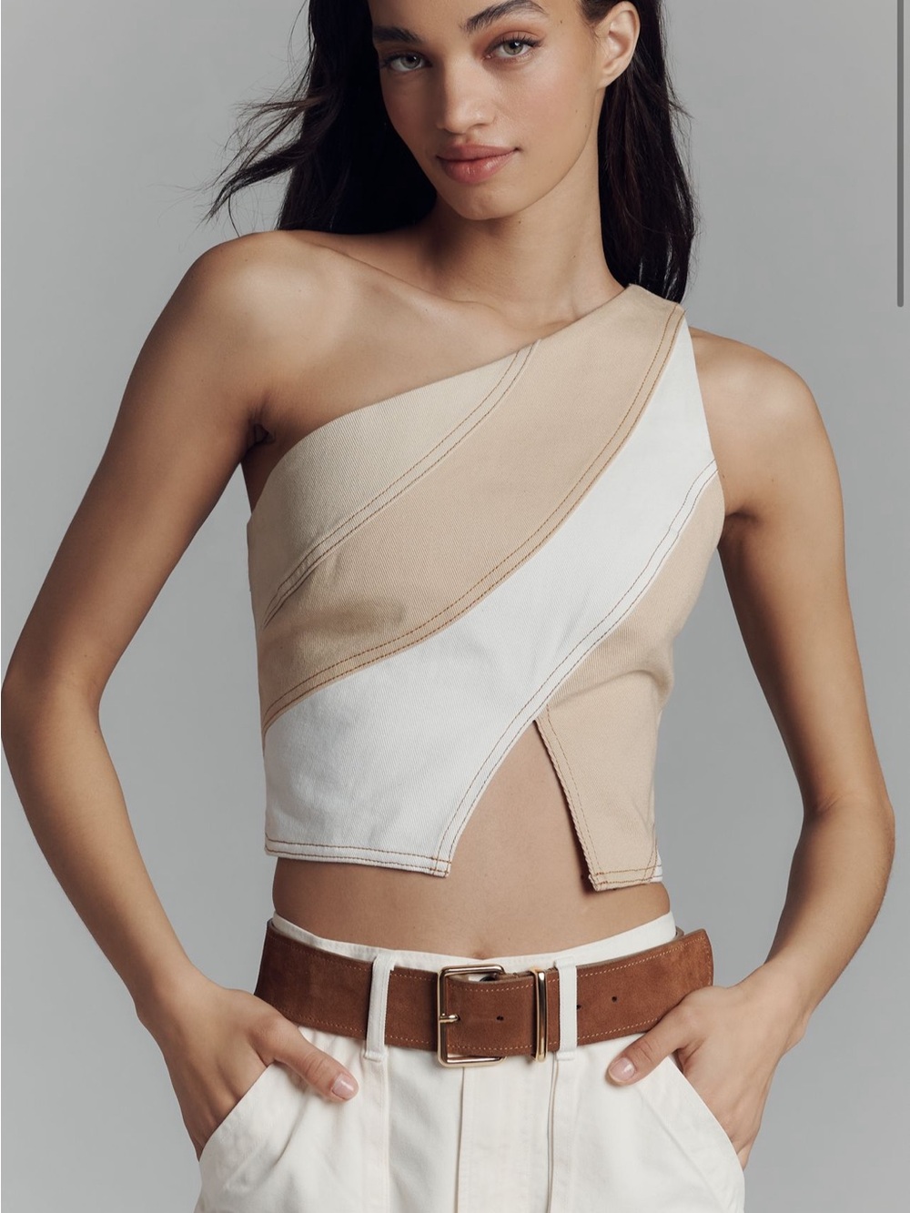 Significant Other Colorblock Asymmetric Crop Top in Beige and Cream